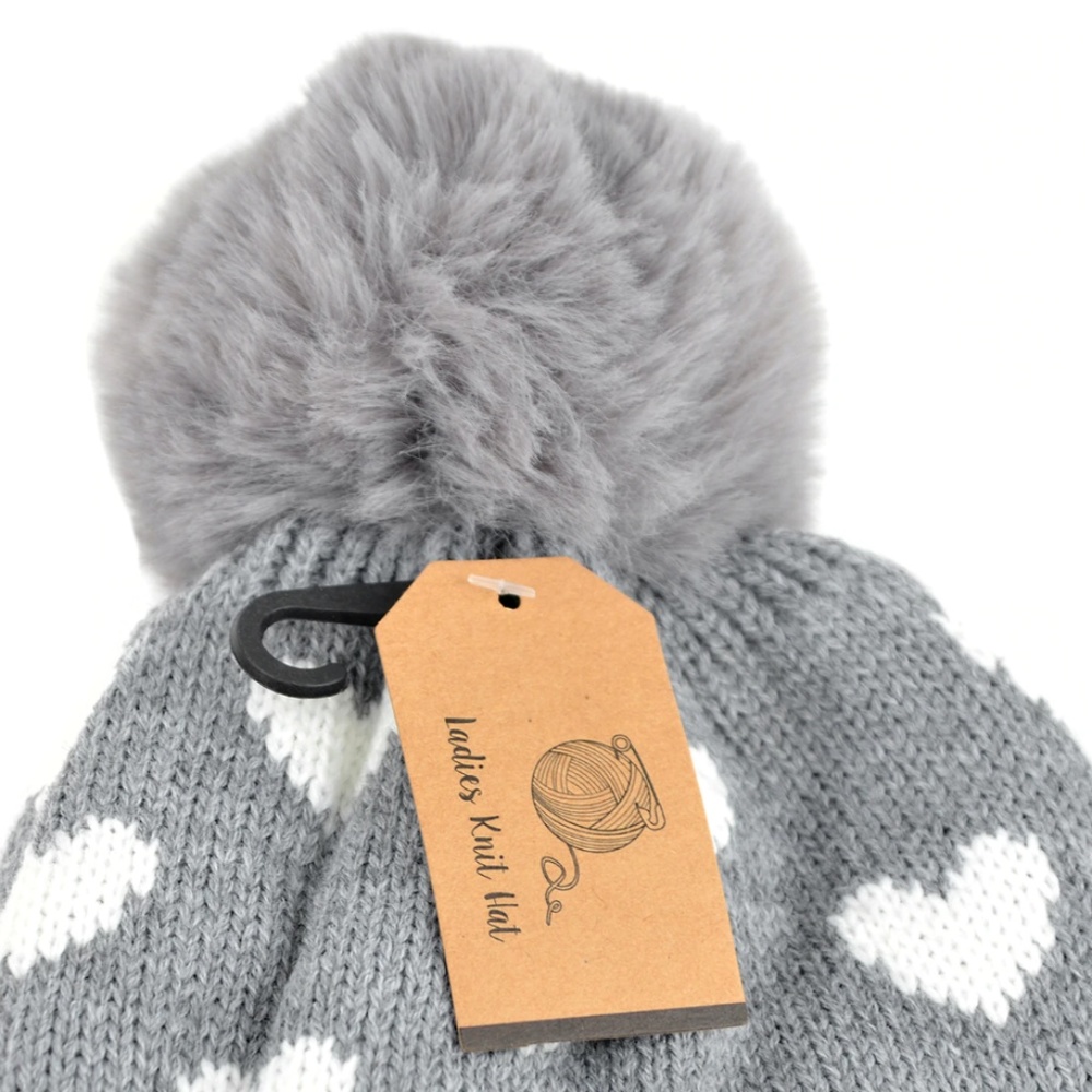 Women's Hearts and Pom Pom Knit Winter Hat - Picture 4 of 7